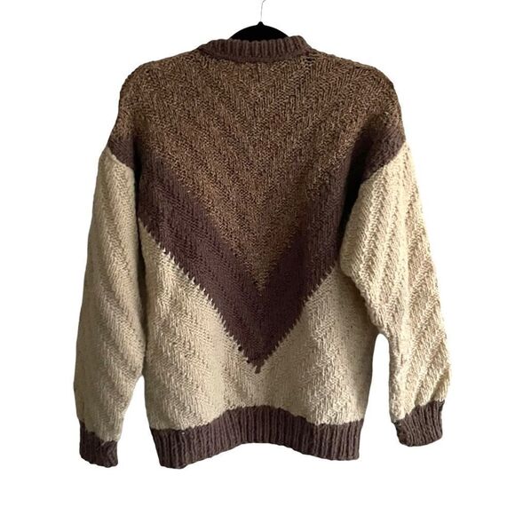 VINTAGE Wool Hand Knit Chunky Knit Chevron Sweater Cream Taupe L - Picture 4 of 6